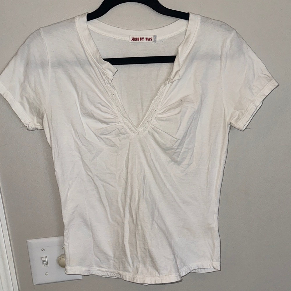 Johnny Was Cream Short Sleeve V-Neck Top